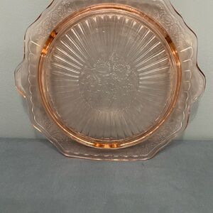 VTG ANCHOR HOCKING Depression Pink Mayfair Open Rose 3 Footed Trivet Platter